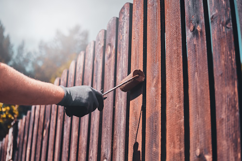 Diligent man is painting fence with brush